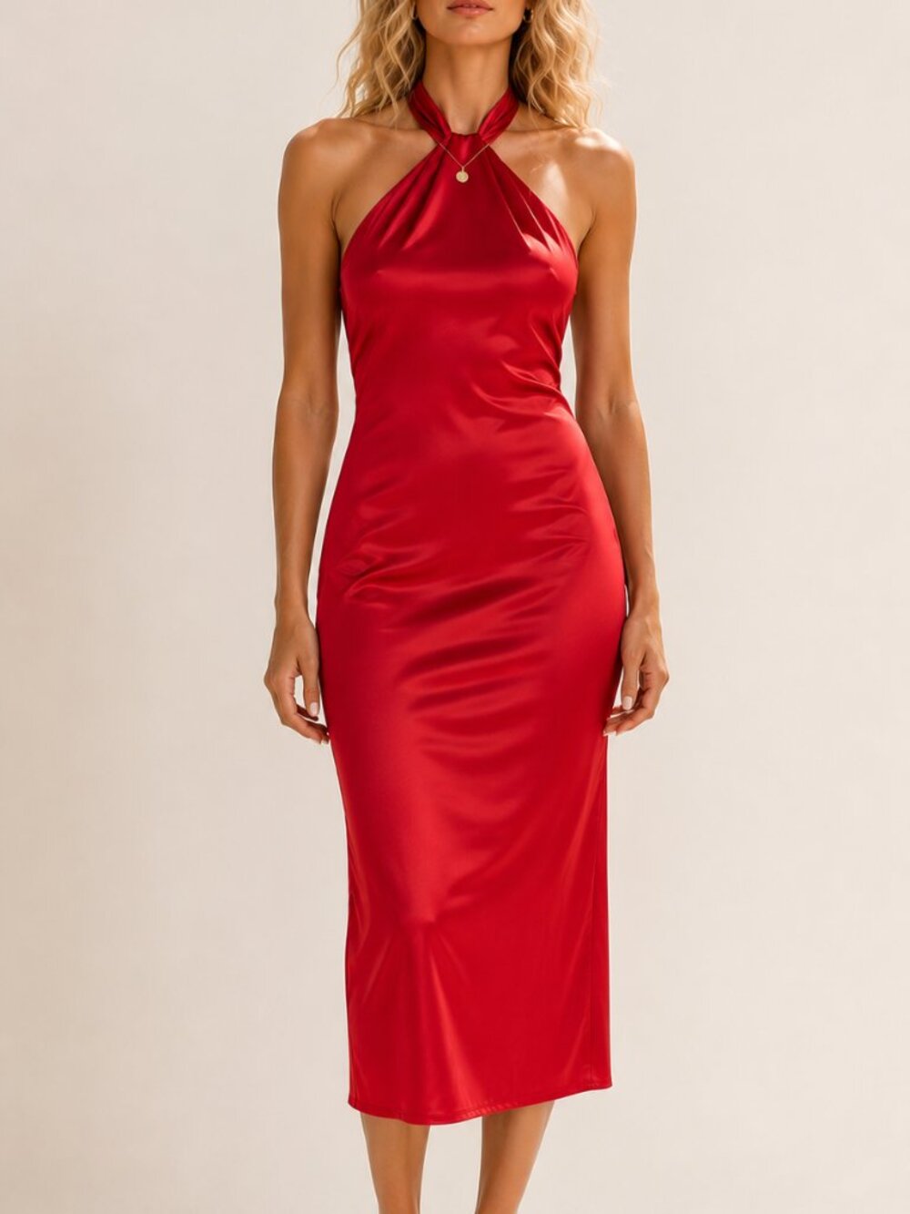 Elegant Red Satin Halter Neck Backless Midi Dress – Party & Evening Dress